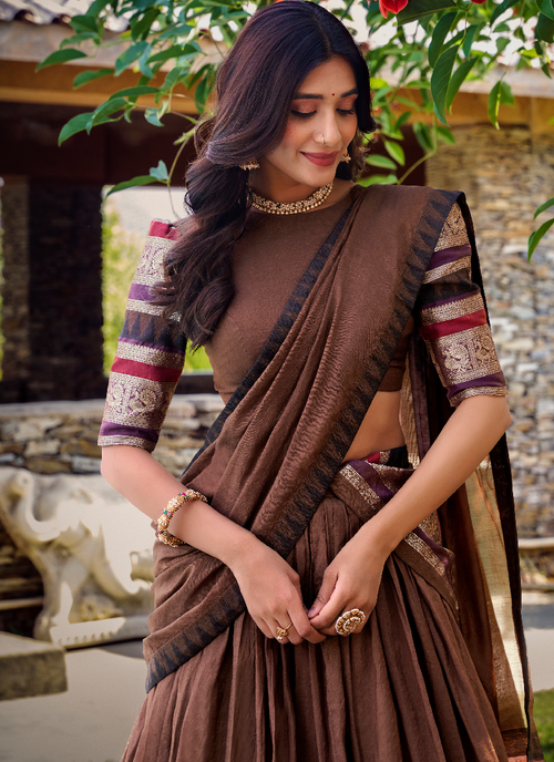 Beautiful Brown Chanderi Silk Featuring Zari Weaving Lehenga Choli Set