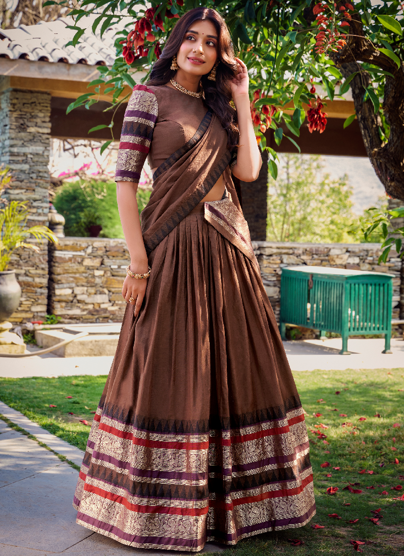 Beautiful Brown Chanderi Silk Featuring Zari Weaving Lehenga Choli Set