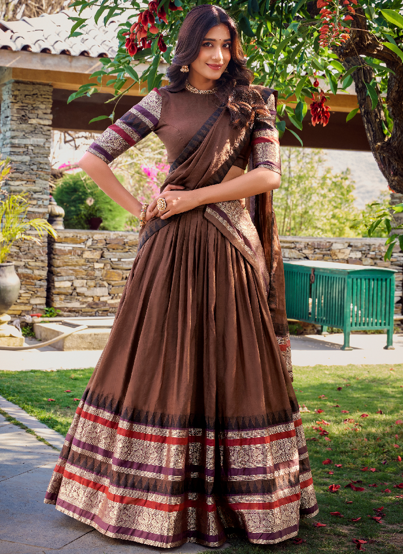 Beautiful Brown Chanderi Silk Featuring Zari Weaving Lehenga Choli Set