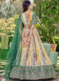 Beautiful Chinon Silk Printed White And Green Mehendi Function Lehenga