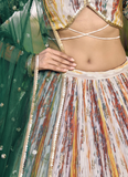 Beautiful Chinon Silk Printed White And Green Mehendi Function Lehenga