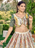 Beautiful Chinon Silk Printed White And Green Mehendi Function Lehenga