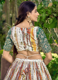 Beautiful Chinon Silk Printed White And Green Mehendi Function Lehenga