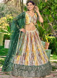 Beautiful Chinon Silk Printed White And Green Mehendi Function Lehenga