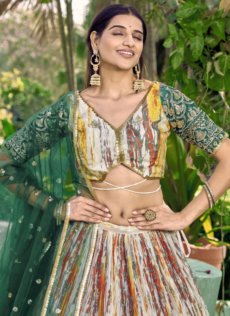 Beautiful Chinon Silk Printed White And Green Mehendi Function Lehenga