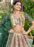 Beautiful Chinon Silk Printed White And Green Mehendi Function Lehenga