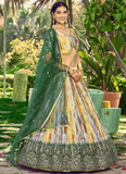 Beautiful Chinon Silk Printed White And Green Mehendi Function Lehenga