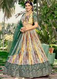 Beautiful Chinon Silk Printed White And Green Mehendi Function Lehenga