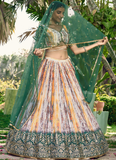 Beautiful Chinon Silk Printed White And Green Mehendi Function Lehenga