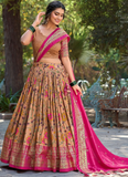 Beautiful Kalamkari Printed Light Brown Silk Festive Lehenga Choli