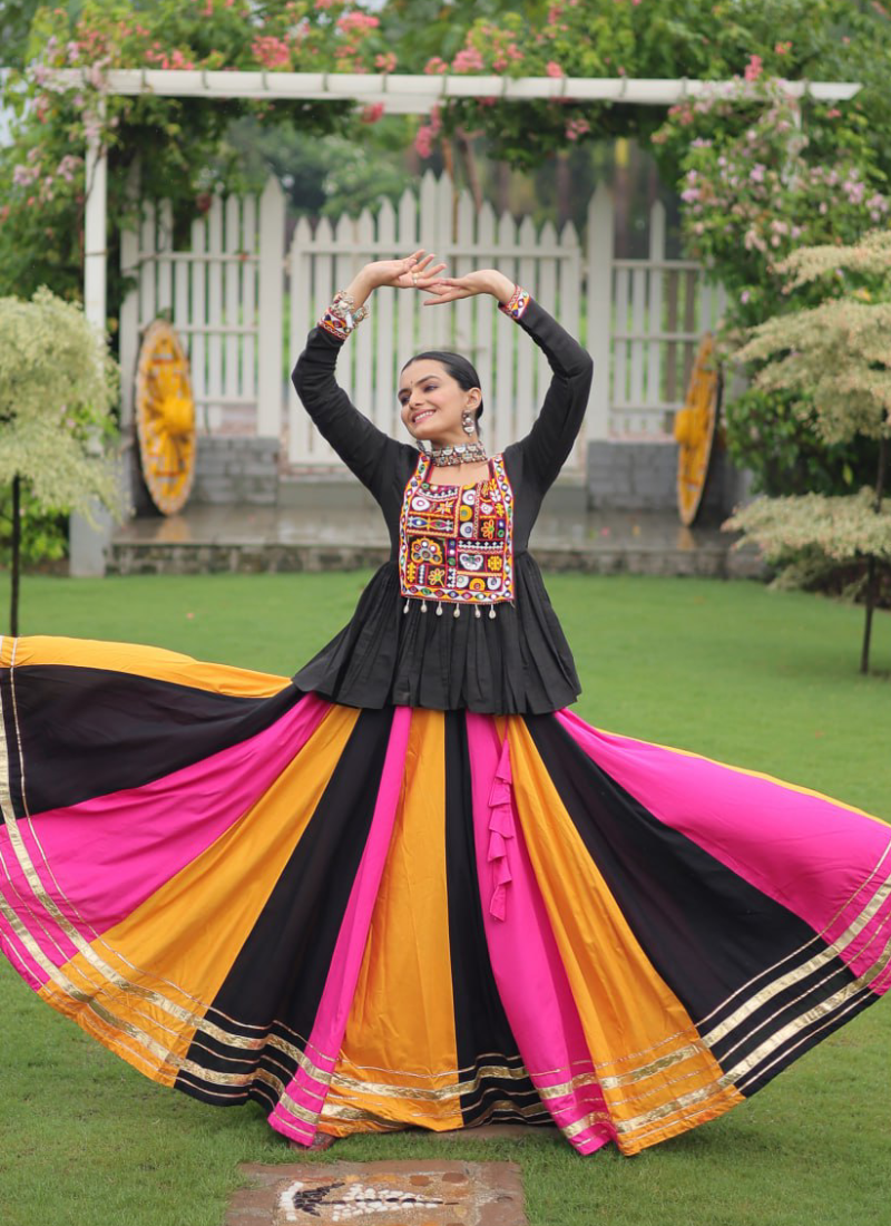 Beautiful Navratri Special Rayon Multi Color Lehenga With Peplum Top