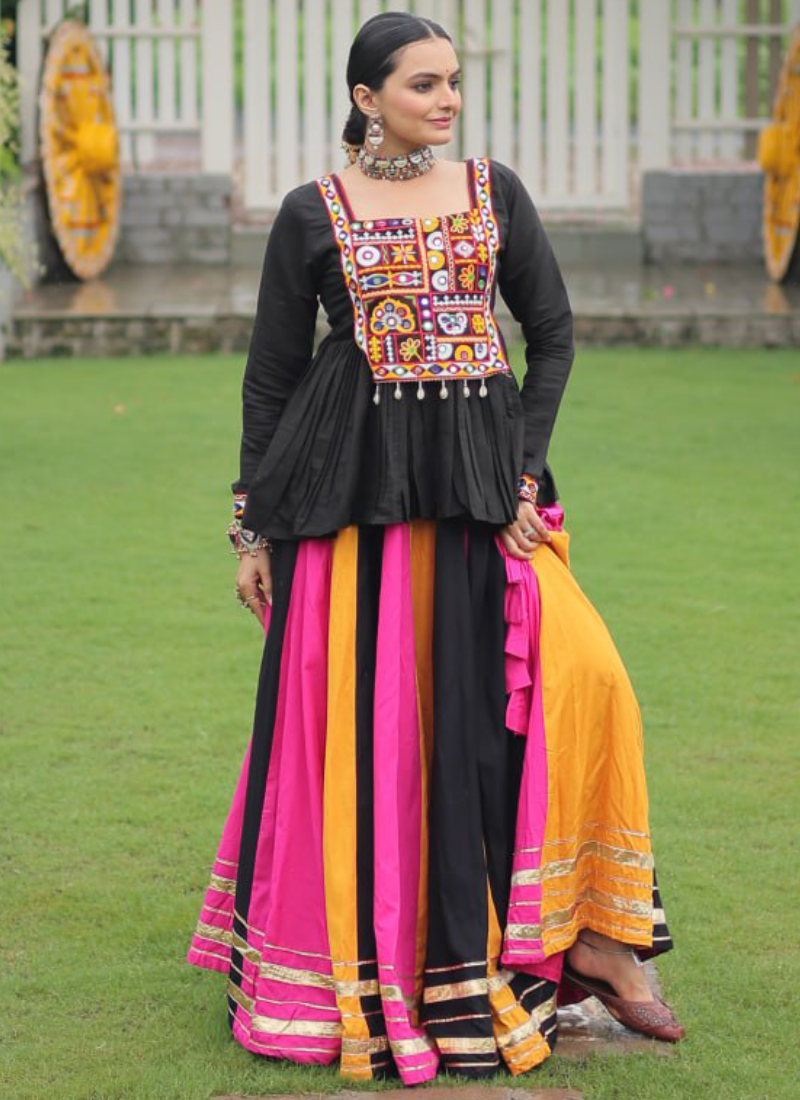 Beautiful Navratri Special Rayon Multi Color Lehenga With Peplum Top