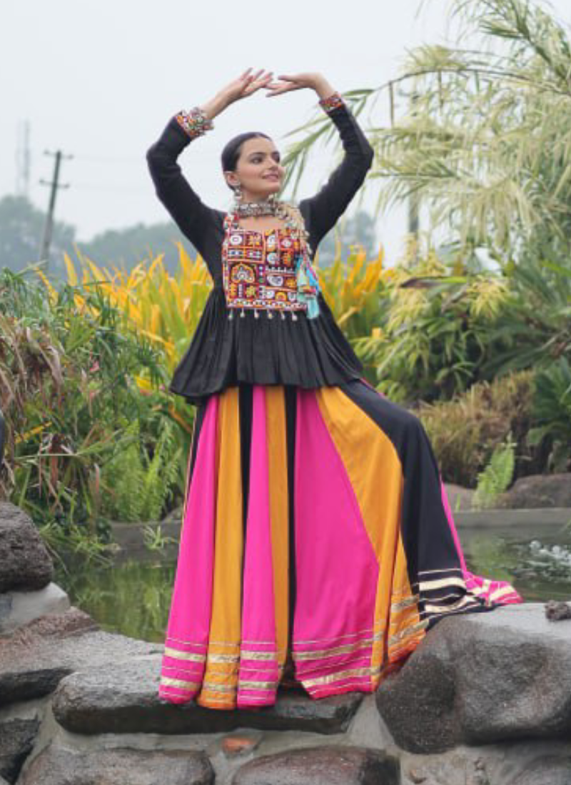 Beautiful Navratri Special Rayon Multi Color Lehenga With Peplum Top