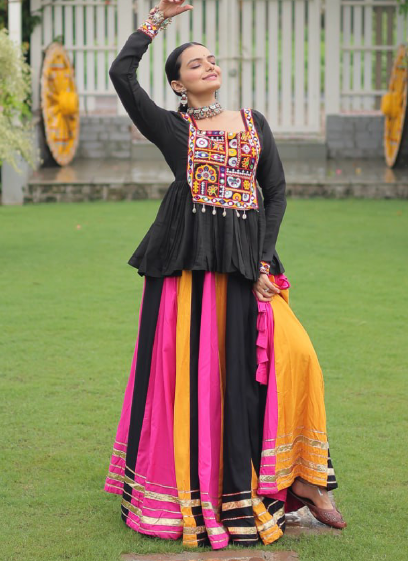 Beautiful Navratri Special Rayon Multi Color Lehenga With Peplum Top
