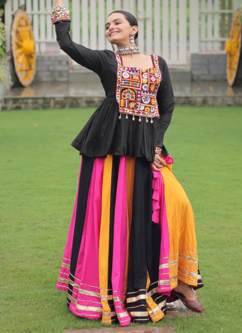 Beautiful Navratri Special Rayon Multi Color Lehenga With Peplum Top