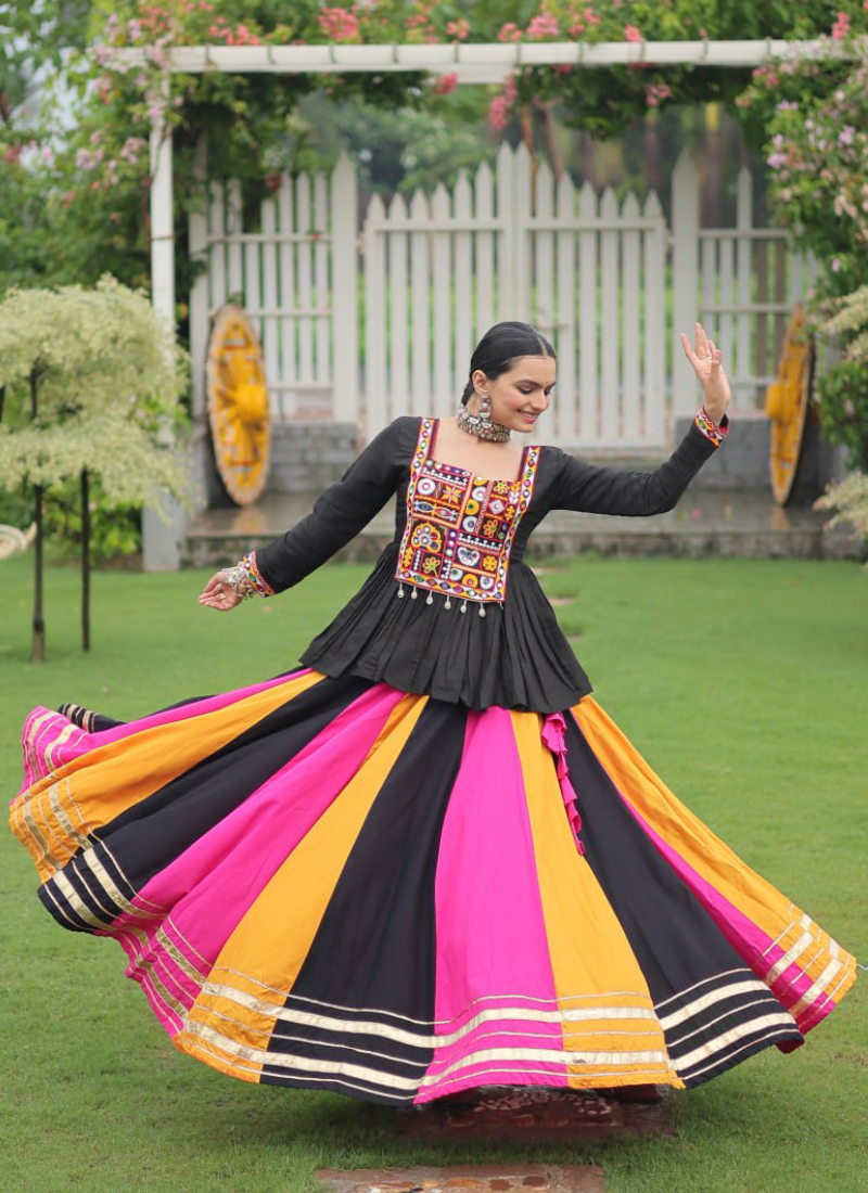 Beautiful Navratri Special Rayon Multi Color Lehenga With Peplum Top