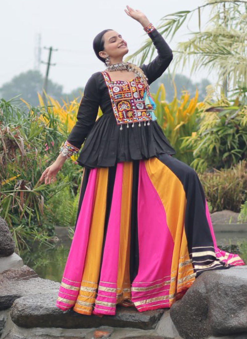 Beautiful Navratri Special Rayon Multi Color Lehenga With Peplum Top