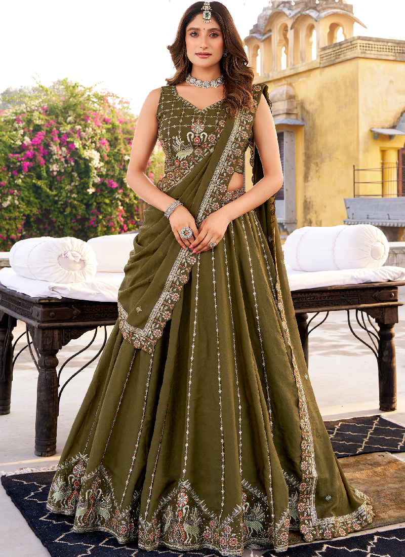 Beautiful Olive Green Sequins Embroidery Chocolate Crush Lehenga Choli