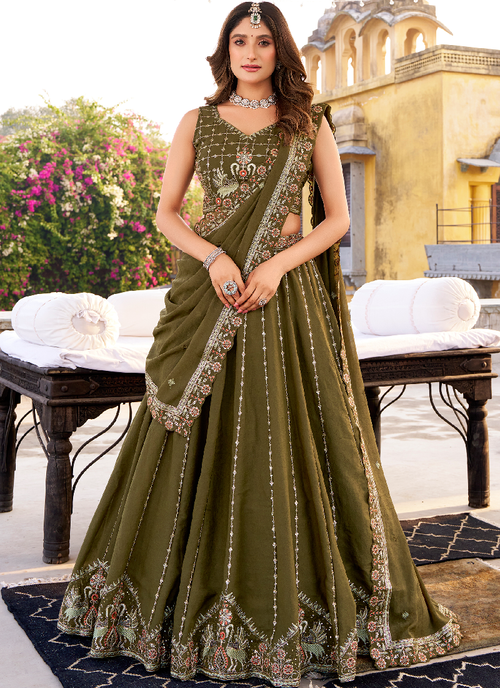 Beautiful Olive Green Sequins Embroidery Chocolate Crush Lehenga Choli