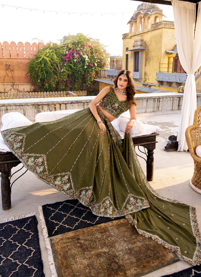 Beautiful Olive Green Sequins Embroidery Chocolate Crush Lehenga Choli