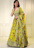 Beautiful Organza Digital Floral Printed Lime Yellow Lehenga Choli