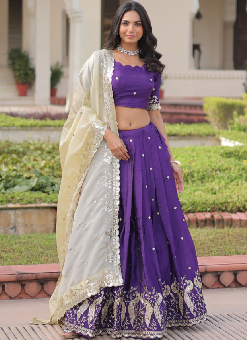 Beautiful Purple Gold Crush Zari Embroidery Wedding Wear Lehenga Choli