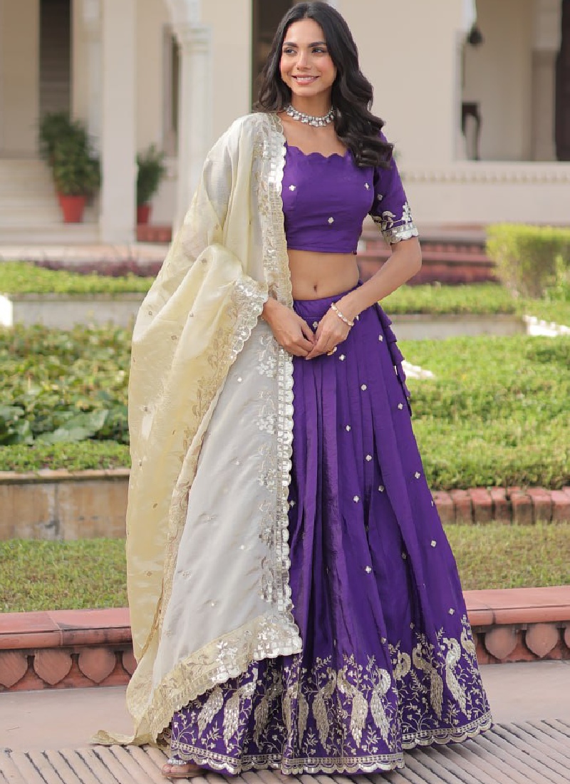 Beautiful Purple Gold Crush Zari Embroidery Wedding Wear Lehenga Choli
