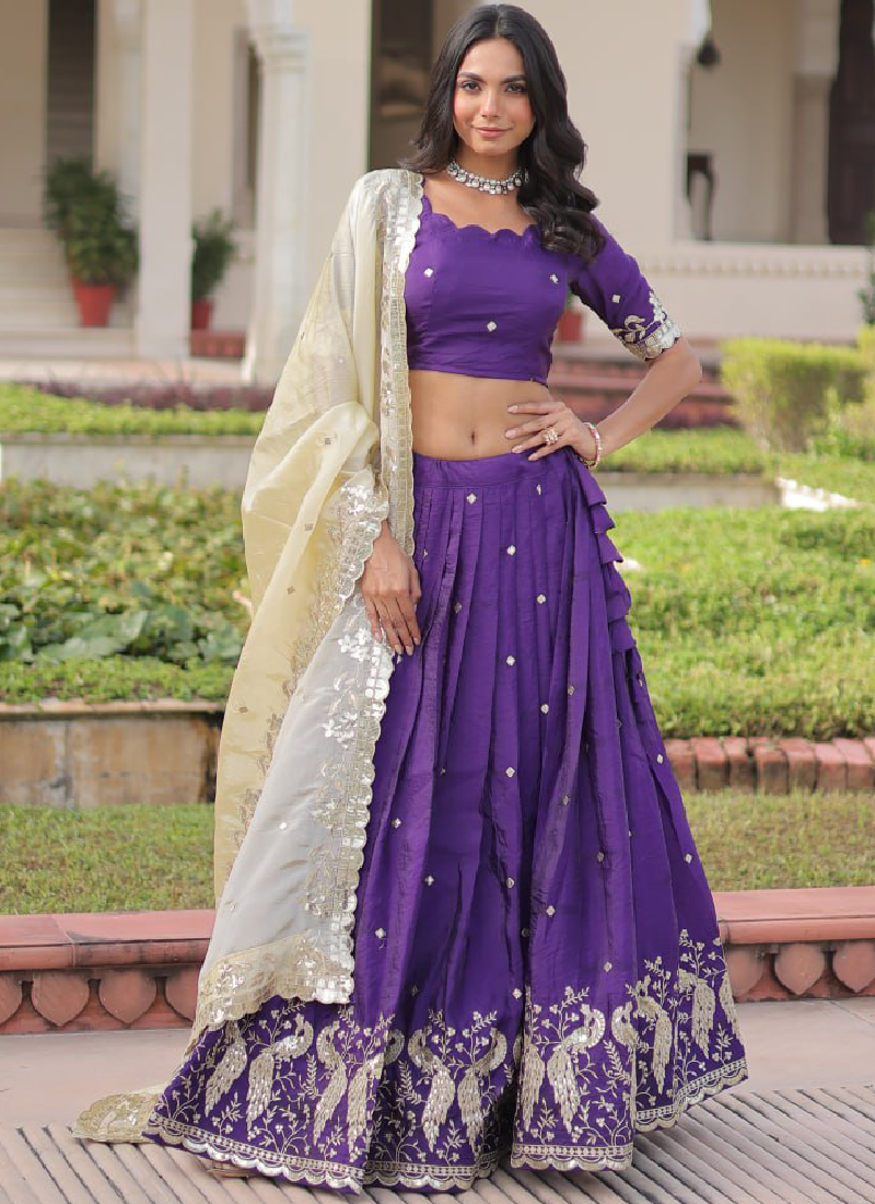Beautiful Purple Gold Crush Zari Embroidery Wedding Wear Lehenga Choli