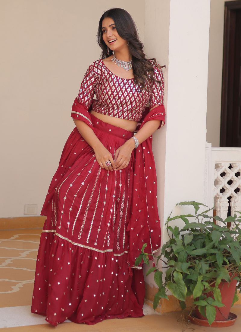 Beautiful Red Georgette Sequence Work Lehenga Choli For Wedding