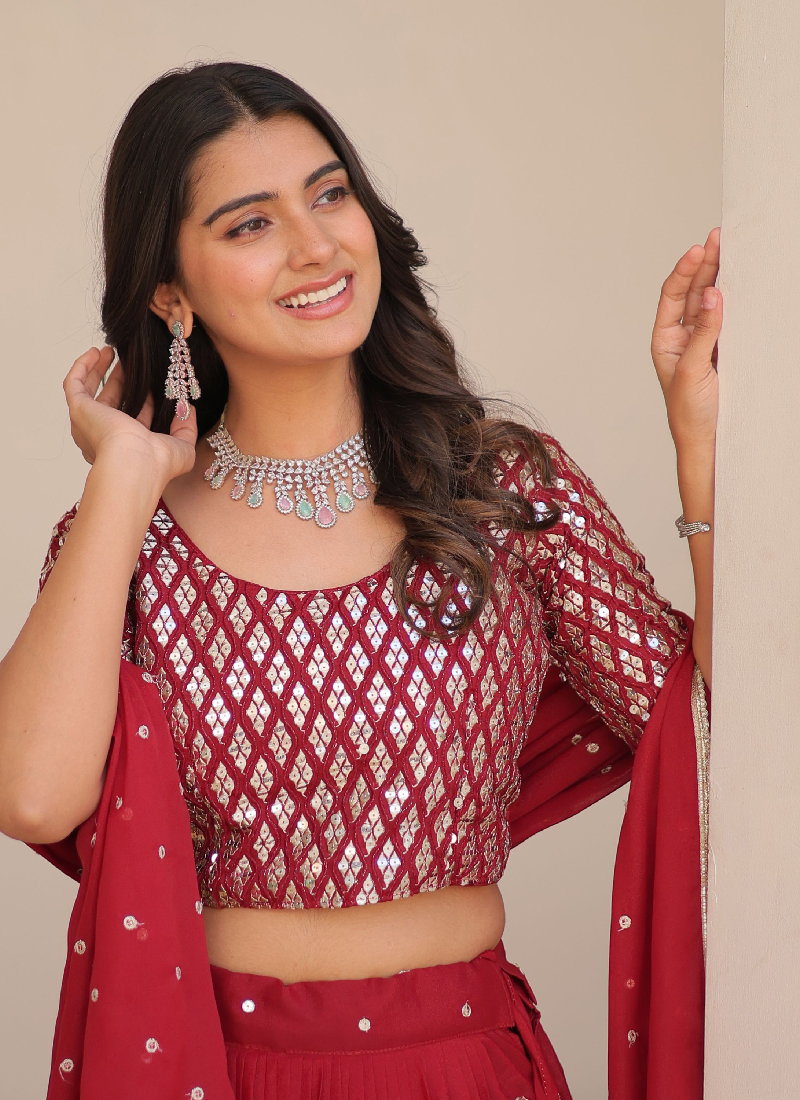 Beautiful Red Georgette Sequence Work Lehenga Choli For Wedding