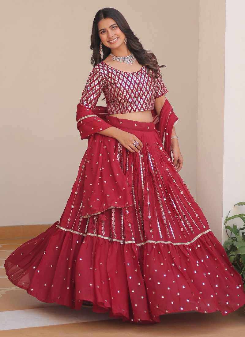 Beautiful Red Georgette Sequence Work Lehenga Choli For Wedding
