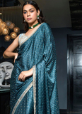 Beautiful Satin Silk Zari Weaving Wedding Wear Blue Saree With Blouse