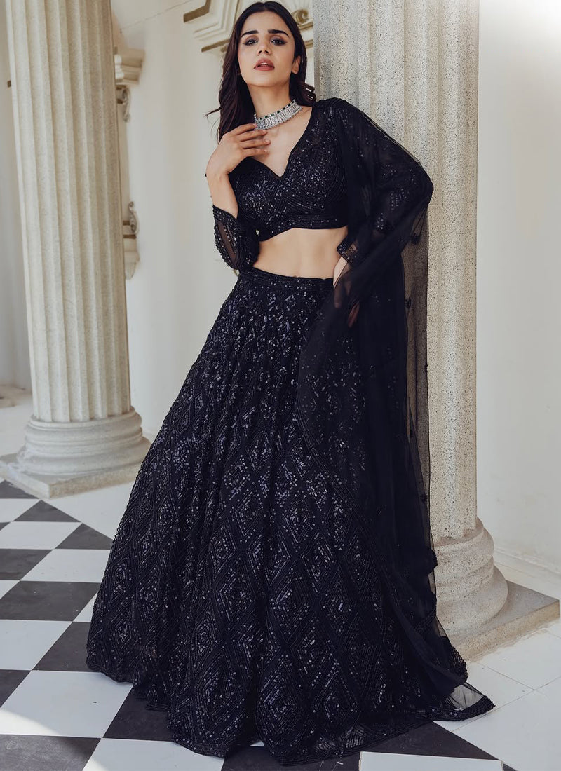 Beautiful Sequence Embroidered Party Wear Black Net Lehenga Choli