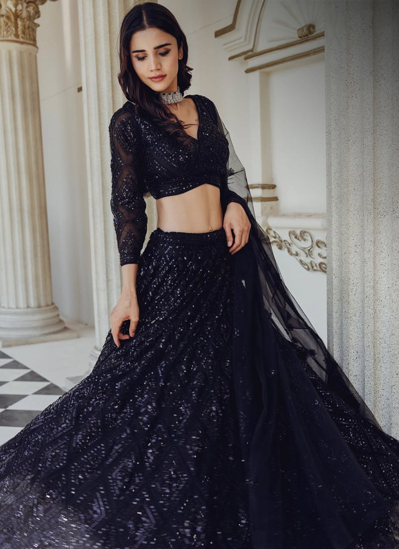 Beautiful Sequence Embroidered Party Wear Black Net Lehenga Choli