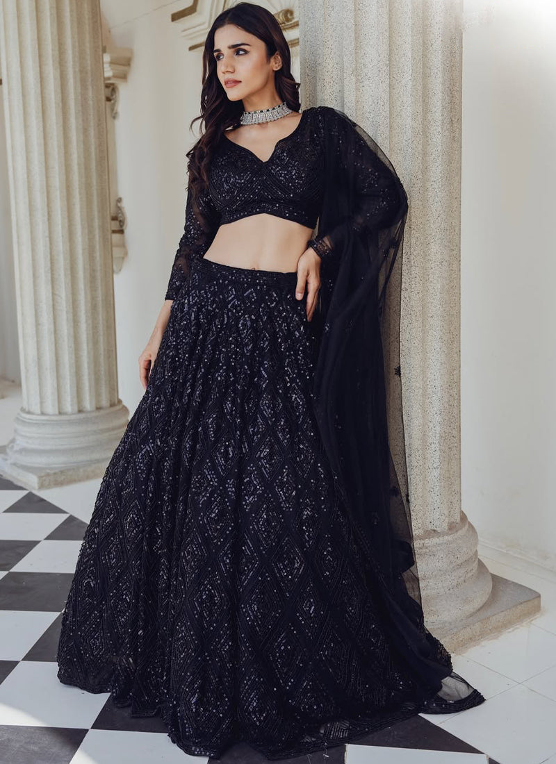 Beautiful Sequence Embroidered Party Wear Black Net Lehenga Choli