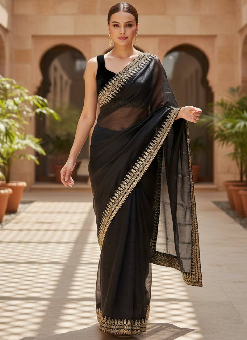 Beautiful Soft Net Zari Dori Embroidred Work Black Party Wear Saree