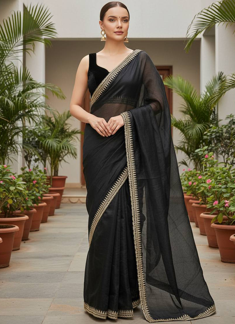 Beautiful Soft Net Zari Dori Embroidred Work Black Party Wear Saree