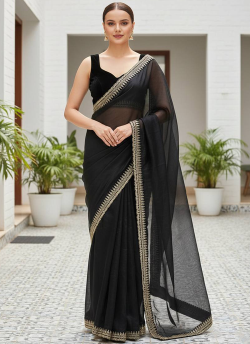 Beautiful Soft Net Zari Dori Embroidred Work Black Party Wear Saree