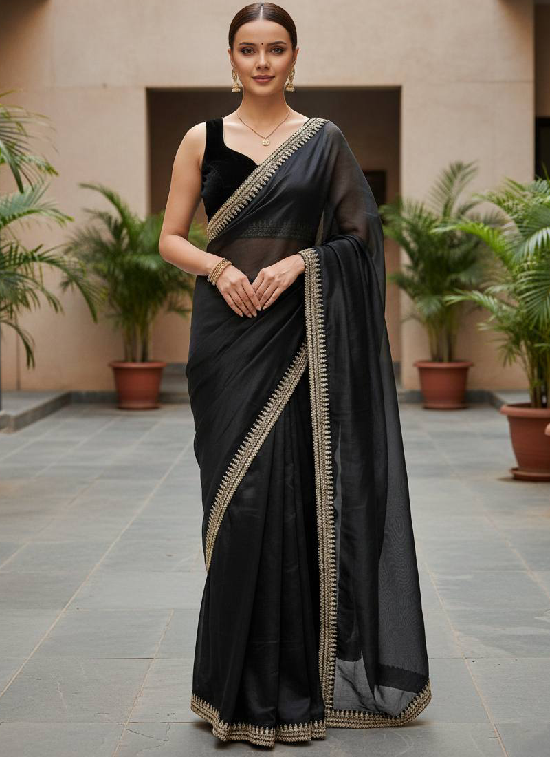Beautiful Soft Net Zari Dori Embroidred Work Black Party Wear Saree