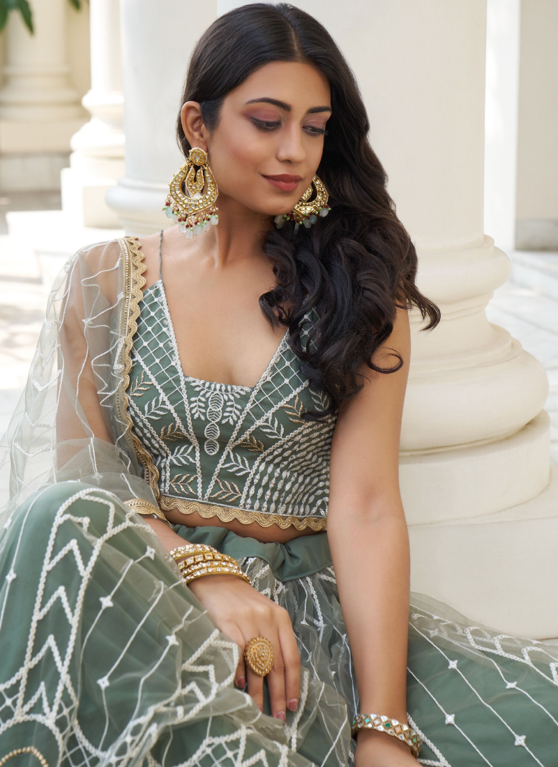 Beautiful Thread Work Net Party Wear Dusty Green Lehenga Choli