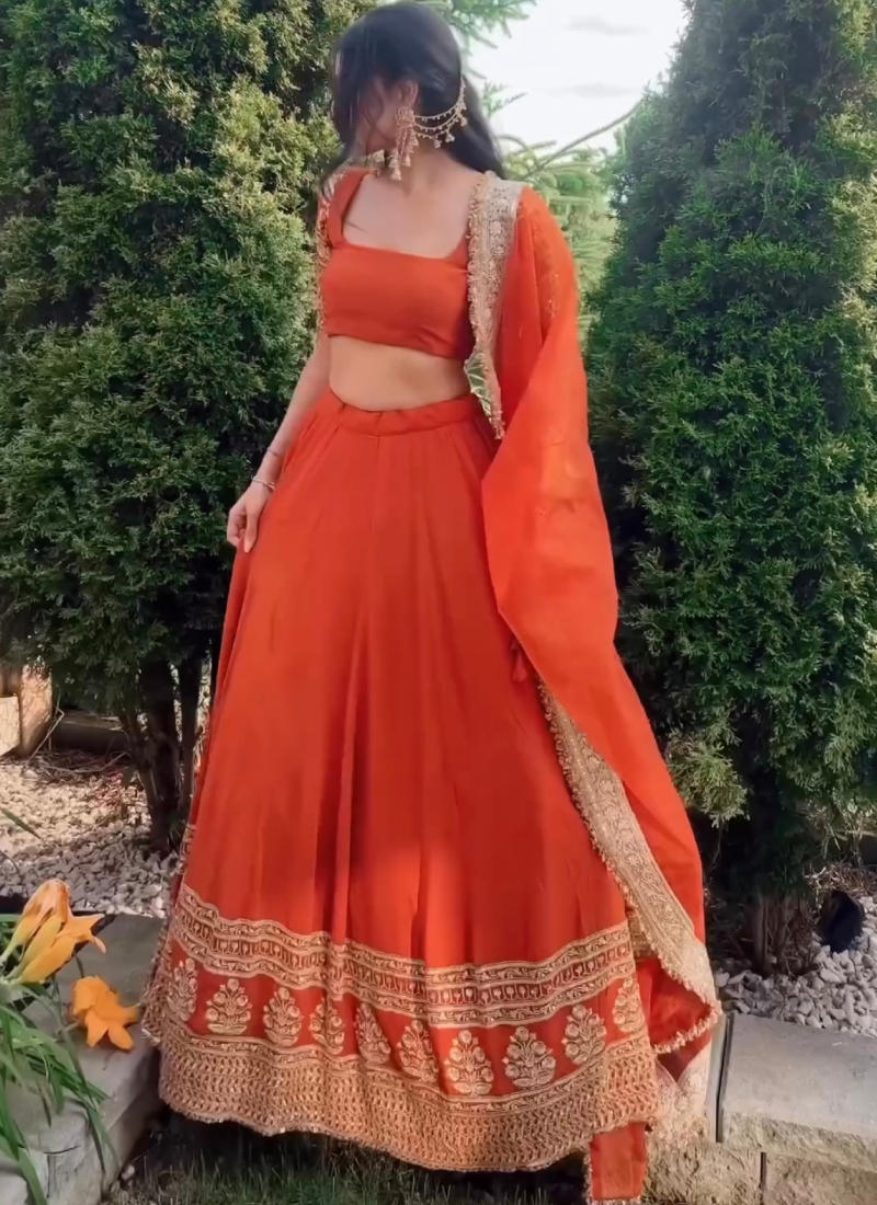 Beautiful Zari Embroidered Georgette Bridesmaids Orange Lehenga Choli