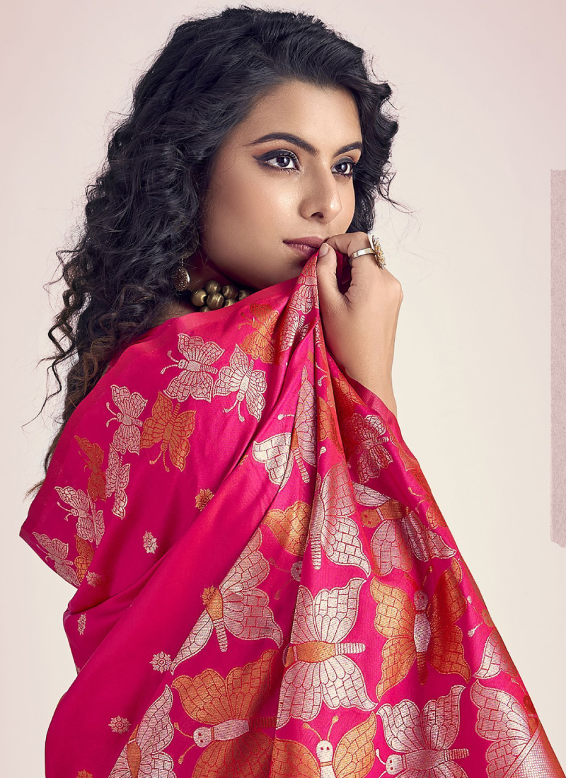 Beautiful Zari Weaving Banarasi Silk Rani Pink Bridesmaid Saree