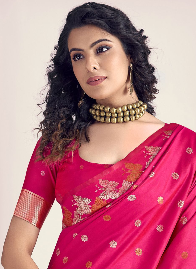 Beautiful Zari Weaving Banarasi Silk Rani Pink Bridesmaid Saree