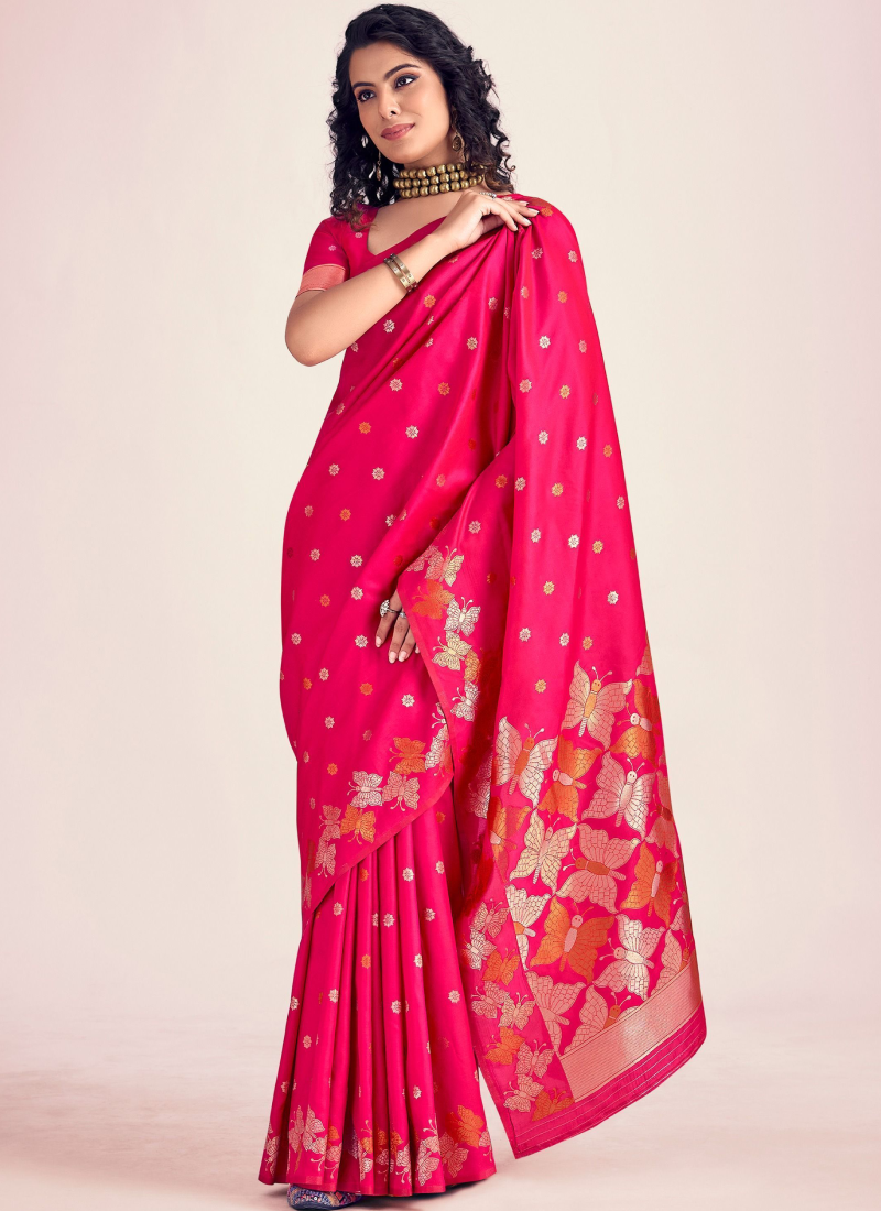 Beautiful Zari Weaving Banarasi Silk Rani Pink Bridesmaid Saree