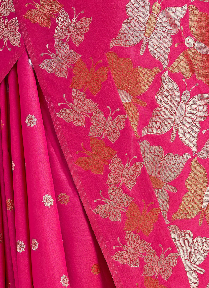 Beautiful Zari Weaving Banarasi Silk Rani Pink Bridesmaid Saree