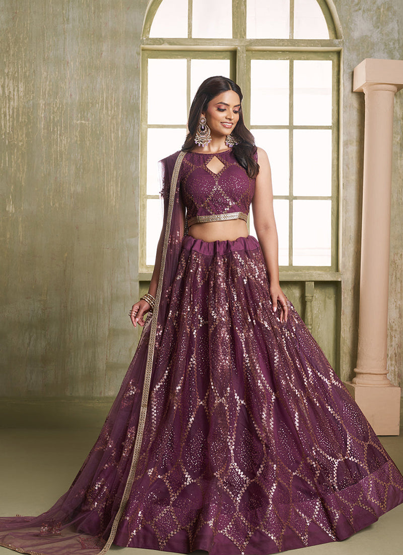 Beautiful Sequence Embroidered Wine Net Lehenga Choli For Wedding