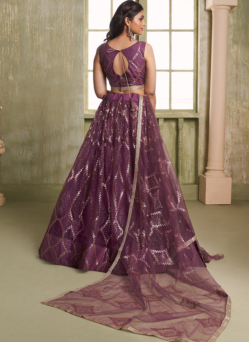 Beautiful Sequence Embroidered Wine Net Lehenga Choli For Wedding