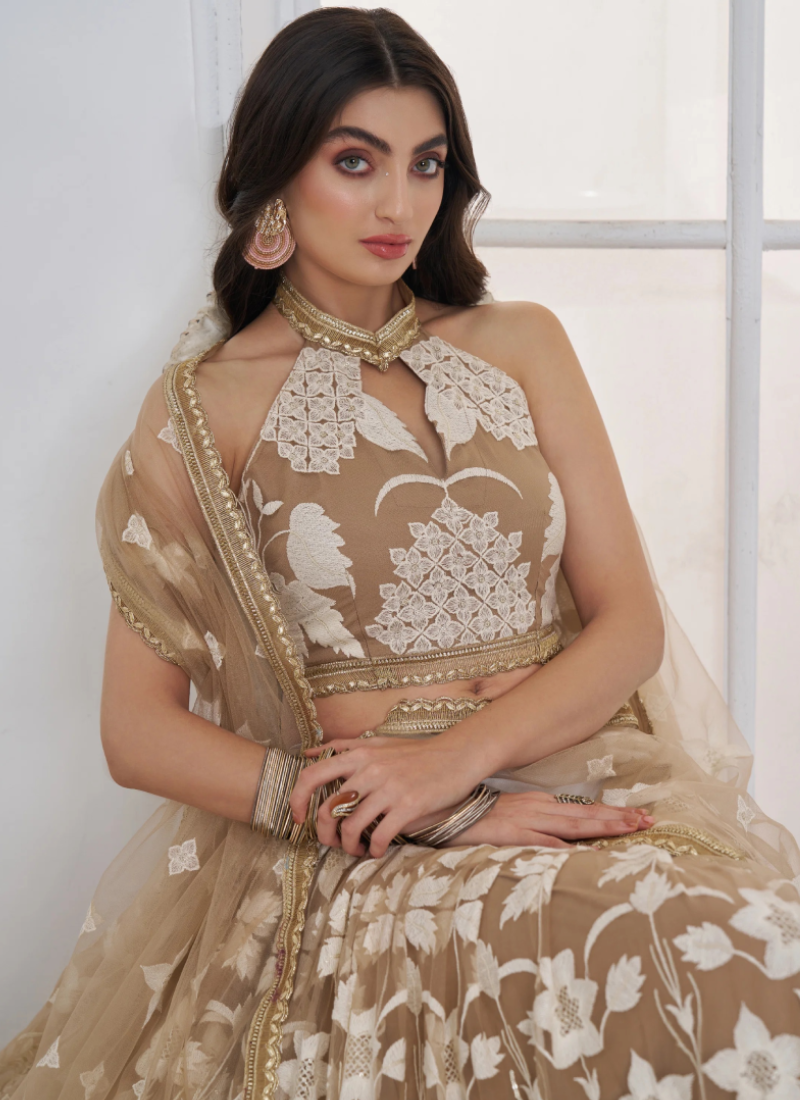 Beige Festive Wear Net Sequence Thread Embroidery Lehenga Choli Set