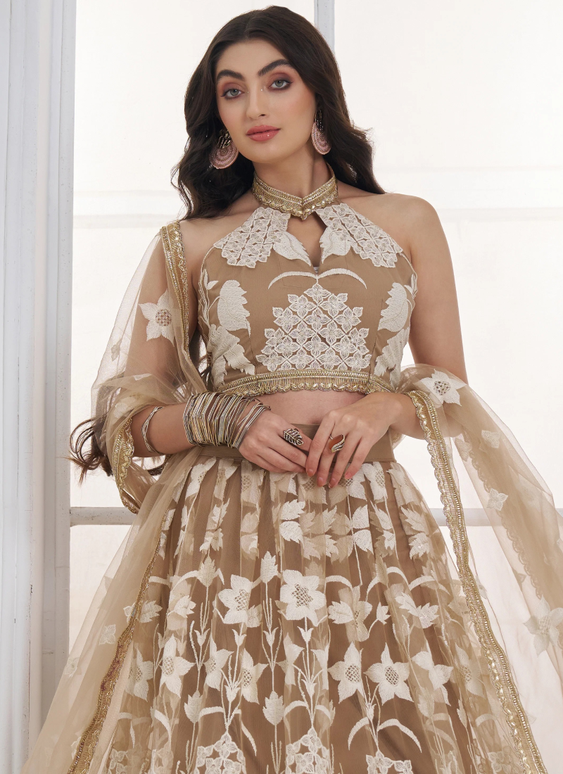 Beige Festive Wear Net Sequence Thread Embroidery Lehenga Choli Set