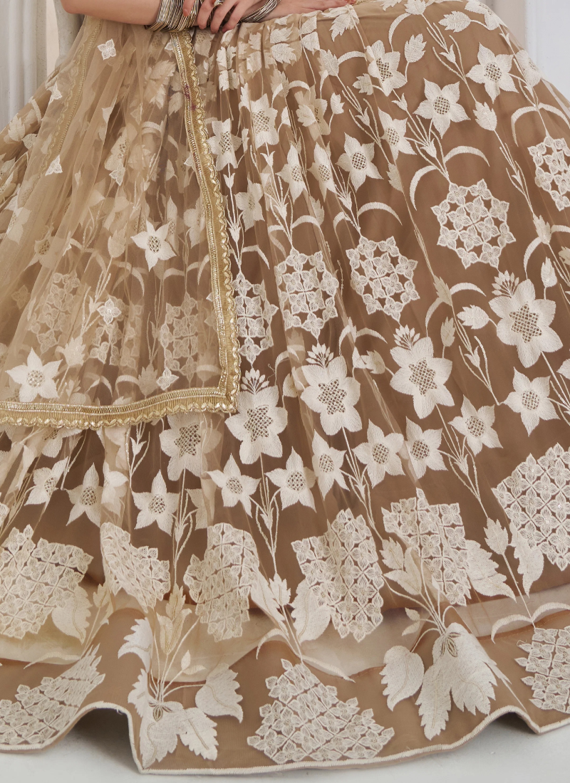 Beige Festive Wear Net Sequence Thread Embroidery Lehenga Choli Set